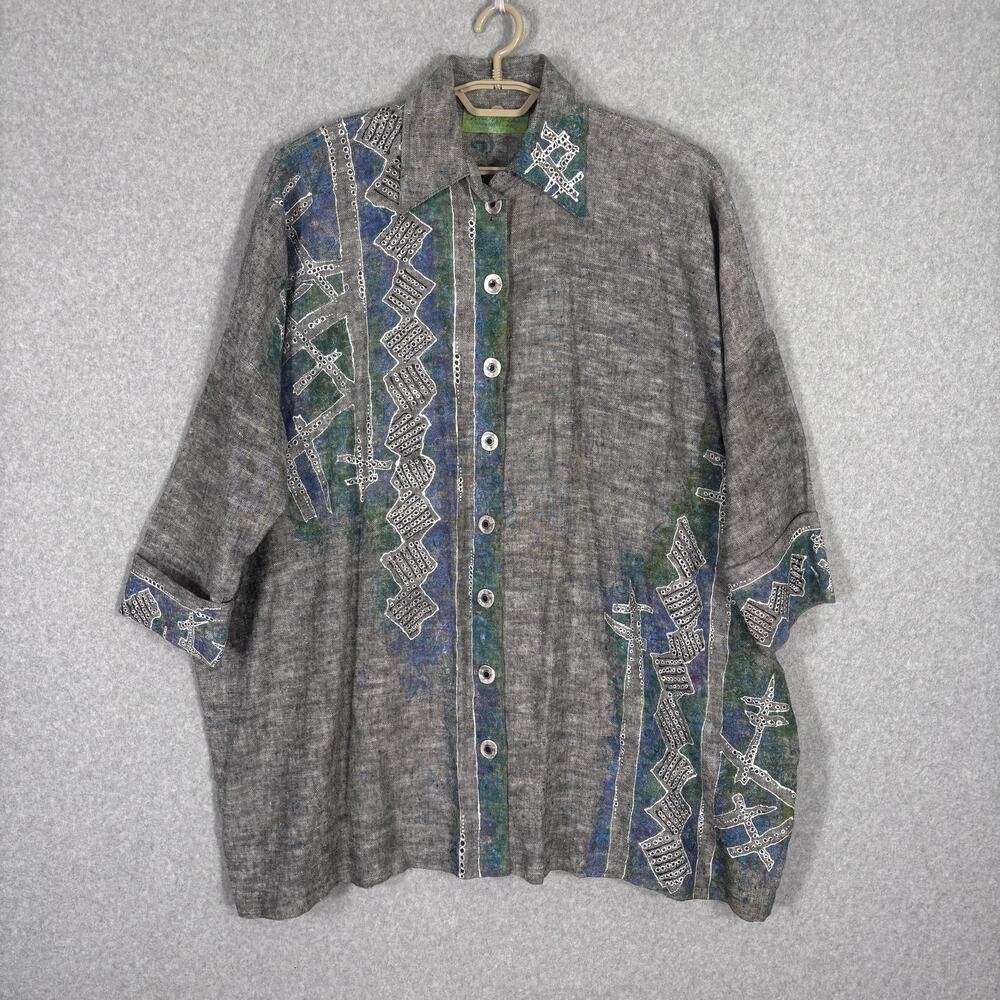 Wildwieds Shirt Jacket OS Blue Green‎ Painted Handmade Abstract Lagenlook Linen?